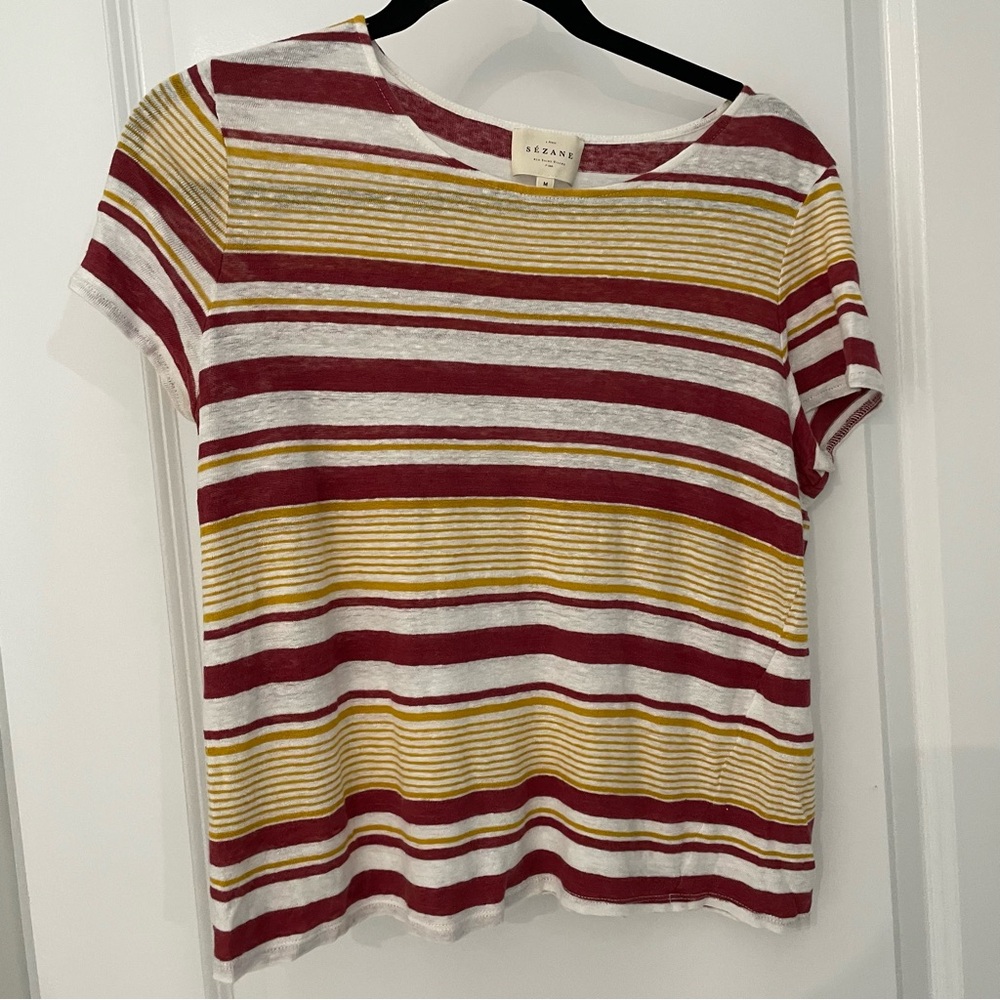 Sezane Andrei 100% Linen Striped T-Shirt Size Medium Top Tee Boho Crew French 23 - Picture 2 of 5